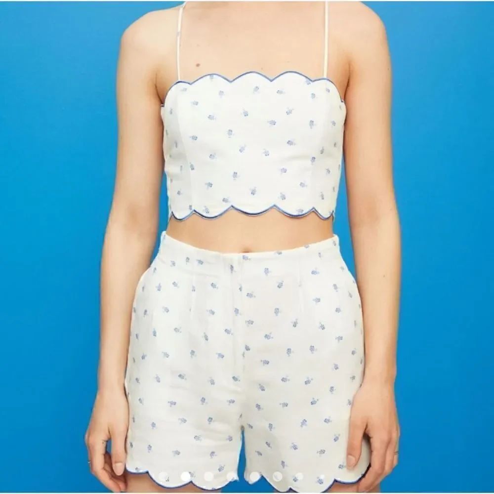 H&M White Blue Floral Linen Blend Top and Short Set 6/M